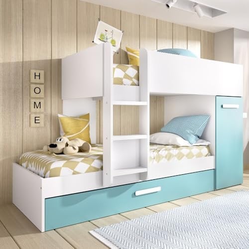 DEKIT GRUPO RIMOBEL TOM - Cama trem con armario y cama arrastre - Blanco/Esmeralda - 150 X 244 X 112