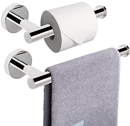 NearMoon Bath Toilet Paper Holder+ Hand Towel Holder, 2 Pieces Bathroom Hardware Set- Premium 304 Stainless Steel Toilet Roll Holder and Towel Rack Wall Mounted for Kitchen (Chrome Finish)