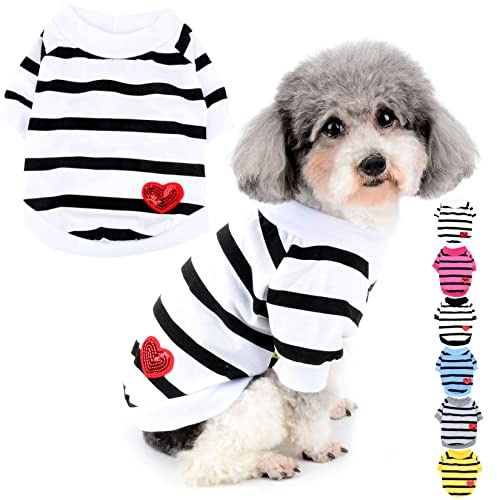 Zunea Hunde Shirts für Kleine Hunde Gestreiftes Sommer T-Shirt Weiß M | Atmungsaktives Polyester, Pailletten Liebe Herz, Kurzarm, Pull On, Alltag, Valentinstag, Welpen Yorkie Chihuahua Mop Kleidung