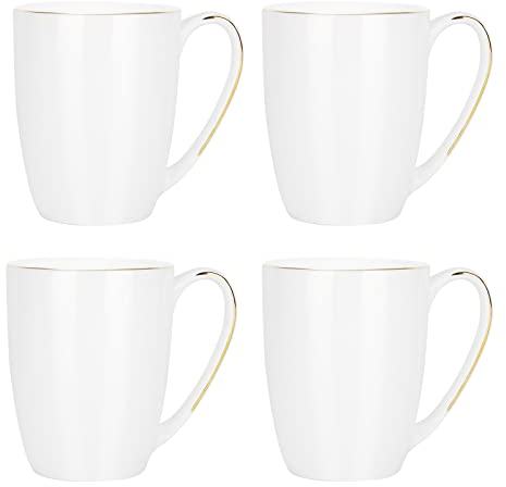 Jingdekiln Kaffeebecher Weiß Gold Porzellan 4er set, DüNnwandig Tee Kaffeetassen mit Goldrand (250g 390ml X4)