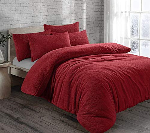 NIGHTZONE Teddy Fleece Duvet Cover Set With Pillow Case Thermal Fleece Warm Cosy Soft Fur Teddy Bedding Duvet Cover Set (Red, Super King)