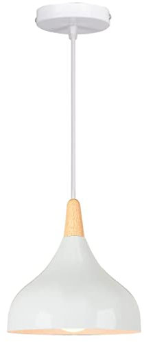 WOTTES Suspension Rétro Métal Industriel Suspension E27 Réglable Corde Bois Aluminium Abat-Jour Pour Salon Cuisine Salle À Manger Chambre (Ampoule Non Incluse) (Blanc)