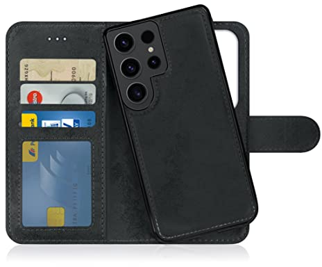 MyGadget Flip Case für Samsung Galaxy S23 Ultra - [ abnehmbare Magnet Hülle ] - Handyhülle aus Kunstleder - [ Klapphülle mit Kartenfach ] Schutzhülle in Grau Schwarz