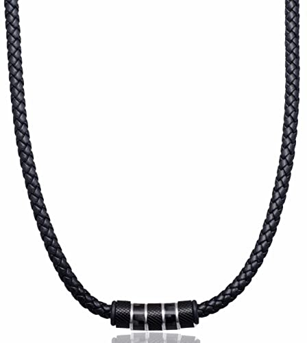 David Galvani Herren-Kette mit Bead-Anhänger aus Edelstahl, Halskette für Herren, Edelstahl, Kugel, Lederkette,Leder geflochten (Schwarz, 45)