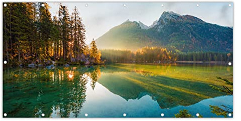MuchoWow® Balkon Sichtschutz Sichtschutzmatte Balkonbanner Abdeckung für Terrasse Balkon Windschutz Blickdicht Wetterfest 200x110 cm See - Wald - Berge - Natur - Sonne - Landschaft