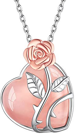 Suplight Collana donna argento 925 con ciondolo cuore pietra di quarzo rosa naturale con fiore rosa collana donna con pietra cuore mese ottobre collana argento donna