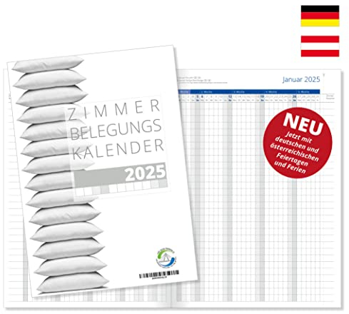 Zimmerbelegungsplan 2025 Zimmerbelegungskalender 2025 Belegungskalender für Ferienwohnungen, Hotels und Gästevermietungen blaue Sonn- und Feiertage mit Ferienterminen Deutschland und Österreich