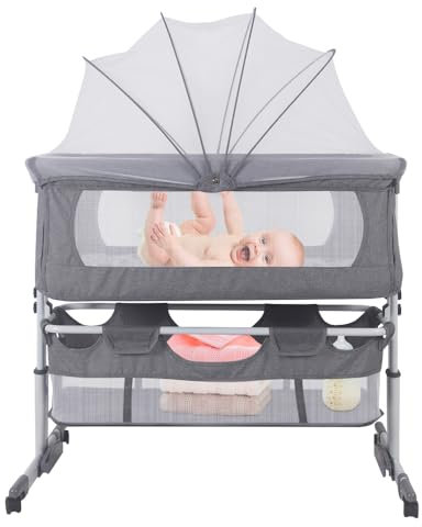 HUOLE Beistellbett,Stubenwagen Babybett,3 in 1 Babybett bis 25 kg, Höhenverstellbar Struktur aus Aluminiumlegierung-Höhenverstellug und Einstellung der Neigung der Matratze,grau