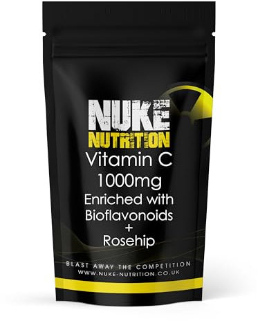 Nuke Nutrition High Strength Vitamin C 1000mg - 365 Capsules, with Rosehip and Bioflavonoids - Natural Supplement for Immune Support, Skin Health, Production - Non-GMO, Gluten-Free, Vegan-Friendly