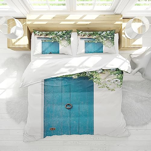 Retro King Size Housse de Couette Set 3 pièces Bleu Marocain Porte Blanche Suspendue Fleur Confortable Chambre Literie Set avec 2 Oreillers Shams 240x220cm
