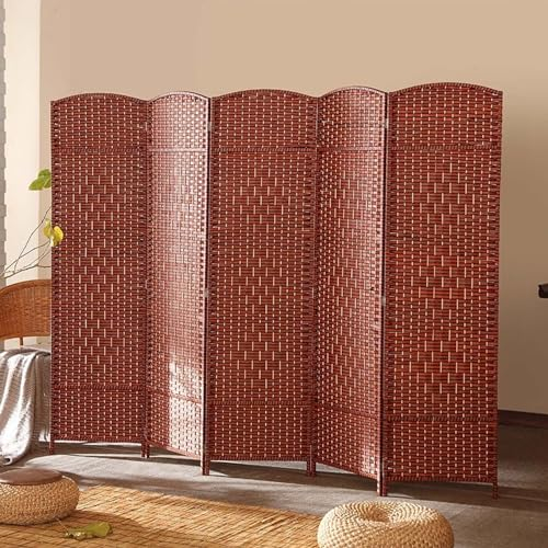 Raumteiler Trennwand, Paravent 5 Panel Holz, Faltbar Blickdicht Raumteiler Innen, 5 Teilig Rattan Raumtrenner Sichtschutz, Freistehende Stellwand (C 180x250cm)