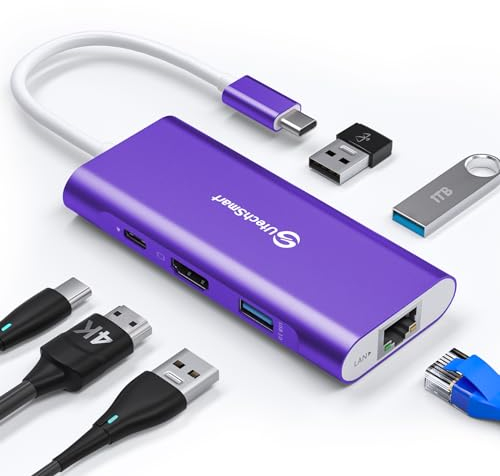 USB C Hub, UtechSmart 6 in 1 USB C zu HDMI Adapter mit 1000M Ethernet, PD 100W Ladeanschluss, 3 USB 3.0 Ports Multiport Adapter Kompatibel für MacBook Pro, Chromebook USB C Geräte (Tiefes Lila)