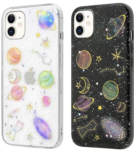 Foonary 2 Stück Handyhülle für Apple iPhone 12 Mini Planet Hülle 5,4, Transparent Universum Stern Design Case Aesthetic Mädchen Frauen Schutzhülle, Weich TPU Silikon Stoßfest für iPhone 12 Mini Cover