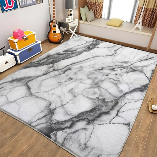 Teppich Waschbar in Waschmaschine Geometrischer Marmor Weiß Teppich Wohnzimmer Wohnkultur Flanell Rug Couchtisch Schlafzimmer Nachttisch Matte Großer Teppich 120 x 170cm