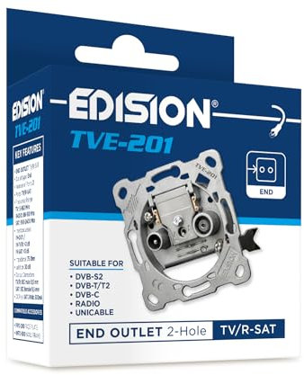 EDISION Antennendose Sat Universal TVE-201, Enddose Stich TV/R-SAT unterputz 2-loch, geeignet für DVB-S2, Unicable, DVB-T/T2, Kabel DVB-C, RADIO, FM, DAB+, DC-Pass, 2 Ausgänge
