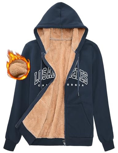 FemiChic Felpa Donna con Cappuccio Giacca Invernale Foderata in Pile Calda Felpe con Zip Morbido Cappotto Classico Los Angeles Giubbotto a Maniche Lunghe Sweatshirt S-2XL(Blu Scuro,M)