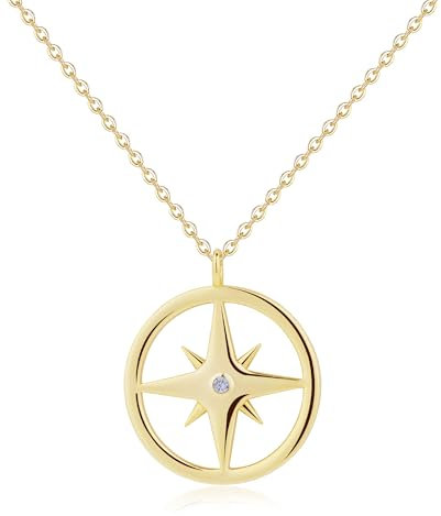 GAVU Collana Oro Donna, Collana Argento Placcato Oro da Donna con Ciondolo Rosa dei Venti con Zirconia Cubica