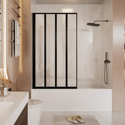 Porte de douche pivotante pliante avec charnières de liaison, porte de baignoire encadrée en deux plis avec verre de sécurité trempé, 80 cm de large x 140 cm de haut (noir)