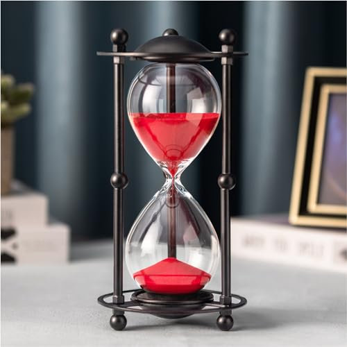 ELAINESTORE Sanduhr-Timer, 30 Minuten, schwarzer Metallrahmen, dekorative Sanduhr (roter Sand, mittlere Größe)