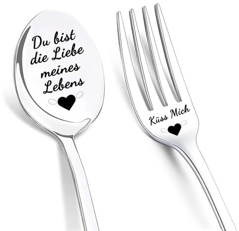 LIHIQIYA Ich Liebe Dich Geschenke für Männer, 2er Kaffeelöffel und Gabeln mit Gravur, Du bist die Liebe meines Lebens, Jahrestag Geschenke für Sie, Löffel+Gabelnl Set, Geburtstagsgeschenk für Frauen