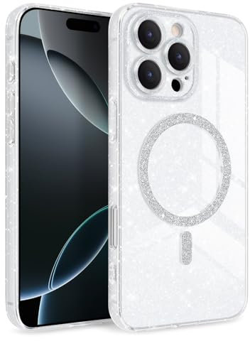 Newseego Hülle für iPhone 16 Pro Max, Glitzer Handyhülle Kompatibel mit MagSafe Niedliche Bling Glitter Durchsichtige Schutzhülle Stoßfest Case für iPhone 16 Pro Max Weiß