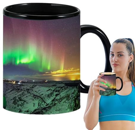 Heat Changing Sensitive Mug | Northern Lights Design Ceramic Coffee Mug | Color Transforming Magic Cup for Tea or Coffee | Cool gifte for Boys, Girls, Men, Women, 3.74x3.15 inches