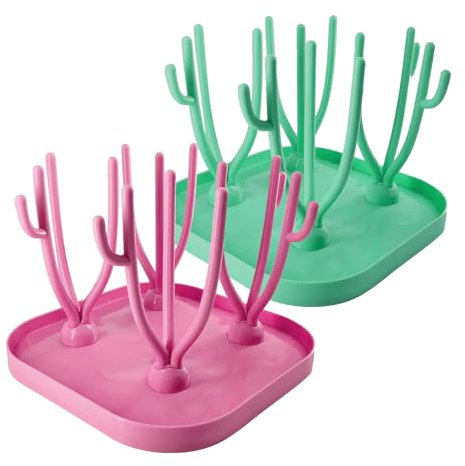 KEEPAQ Drying Rack Baby Bottles 2Pack, Drying Rack for Bottles with Removable Drip Tray, BPA-Free Baby Bottles Accessories for Drying Baby Bottle Teats, Cups and Other Accessories (Pink&Green)