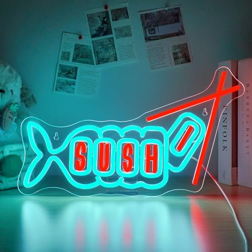 Horseneon Letrero de neón de sushi luz de neón de sushi japonés letreros de neón de pescado para pared atenuador USB luces de neón para dormitorio restaurante japonés cocina tienda de sushi