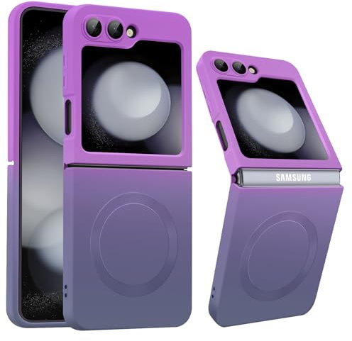 Samsung Galaxy Z Flip 5 Hülle mit Mag-Safe, Schutzfolie für die eingebaute Kamera, Anti-Fingerabdruck, Farbverlauf - Weiches Flüssig Silikon Z Flip 5 Hülle (Lila Grau)