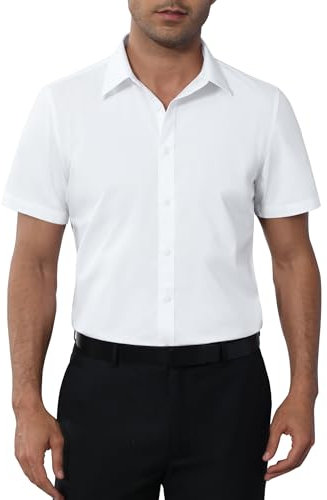 siliteelon Mens Shirts Stain Shield Short Sleeve White Dress Formal Shirts Stretch Men's Shirt Plain Cotton Regular Fit Casual Business Shirt for Adult