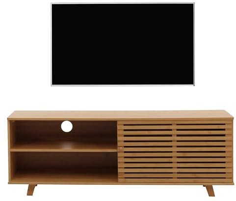 Meuble TV en Bambou HWC-N80, Table Basse, Commode, avec Compartiments de Rangement certifiés FSC® 50x140x40 cm