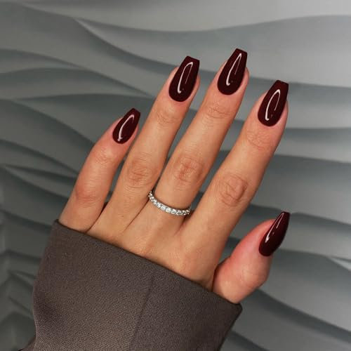SXVME Dark Red False Nails Coffin, Medium Short Press on Nails Coffin, Burgundy Glue on Nails Gel Fake Nails for Women, Short Ballerina Acrylic Nails for Daily Wear 24 Pcs