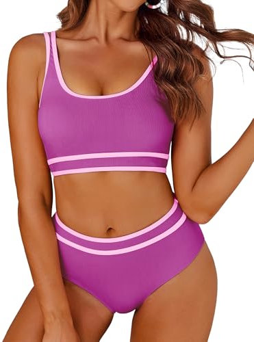 AI'MAGE Costumi da Bagno Donna Bikini Mare Due Pezzi Costume Mare Curvy Vita Alta Regolabile Sportivo, Rosa Shocking L