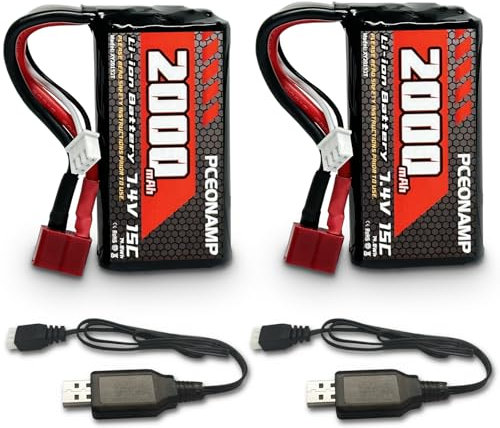 PCEONAMP 7.4V Li-ion Battery 2000mAh 2S with T Plug Rechargeable RC Battery Fit for 4WD High Speed RC Cars and Most 1/10 1/12 1/16 Scale RC Cars Trucks with 2 USB Chargers