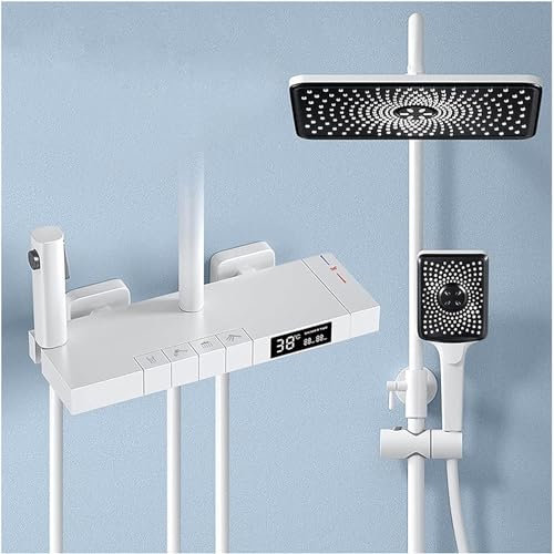 YHEIANJ Thermostatisches Badezimmer-Regendusche-Kombiset, Duschhahn-Set Mit Digitaler Led-Temperaturanzeige, Duschset, Beinhaltet Doppelduschkopf, Wannenhahn Und Handbidet-Sprüh,White-A