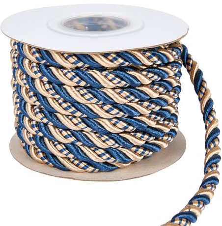 CABODYALS 8MM 8.5 Mètres de Long Cordon Tordu Bleu et Doré Cordon Tressé Embrasse de Rideau Garniture Intérieure Ficelle de Polyester en Soie Doux pour Embellir Costumes Sac Cadeaux Loisirs Créatifs