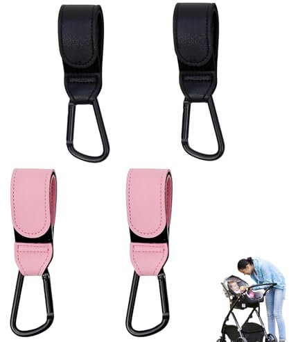 4 PCS Pram Hooks for Bags, for Pram for Stroller Diaper Bag Shopping Cart Pushchair Backpack (Black and Pink)