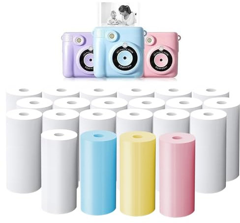 Lot de 22 rouleaux de papier de recharge pour appareil photo d'enfant, blanc, 57 mm x 25 mm x 7 m, rouleaux thermiques couleur appareil photo pour enfants, impression instantanée, pour mini imprimante