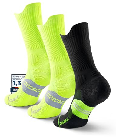 Kompressions-Laufsocken Herren und Damen aus Bambus – COOLMAX, Anti-Blasen | Atmungsaktive Funktionssocken für Wandern, Rennrad, Fahrrad und Sport – mit Fußgewölbeunterstützung und Polsterung