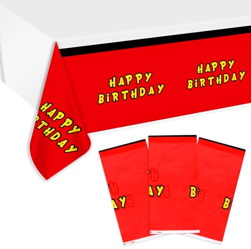 SAVITA 3pcs Cartoon Themed Happy Birthday Tablecloths, 70.8x42.5in Rectangular Table Cover Red White Plastic Birthday Party Table Cloth Decorations Supplies for Kids Events Decor