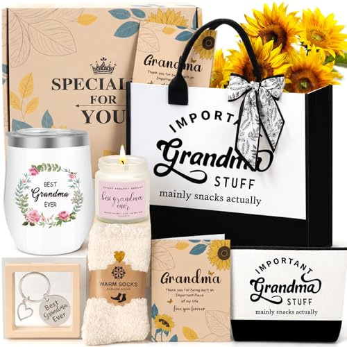 SHXWELL Grandma Gifts for Grandma Birthday Gifts, Unique Great Grandmas Gifts from Grandkids, Best Grandmother Gift Basket Tote Bag Grandmas Birthday Card for Christmas Mothers Day