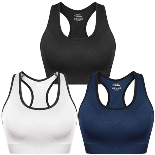 Sykooria Brassière Sport Femme, Brassière Yoga Femme Coussinets Amovibles Élastique Danse sous-vêtements de Sport 341-Noir+Blanc+Bleu Marine M