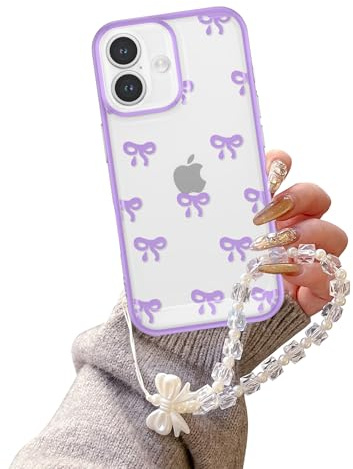 EYZUTAK Coque pour iPhone 17, Coque de téléphone esthétique transparente avec nœud papillon en ruban mignon, bracelet avec chaîne de charme, protection surélevée pour l'appareil photo, coque
