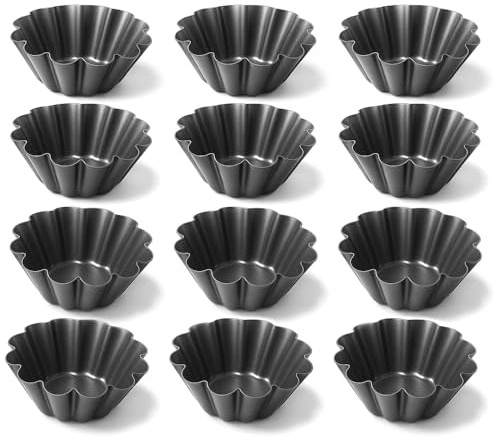 Moule à Flan Individuel en Acier au Carbone - Tartelette - Lot de 12 Moules à Pâtisserie pour Flans, Muffins et Mini Cakes - Moule Cuisson pour Four Maison - 10 cm