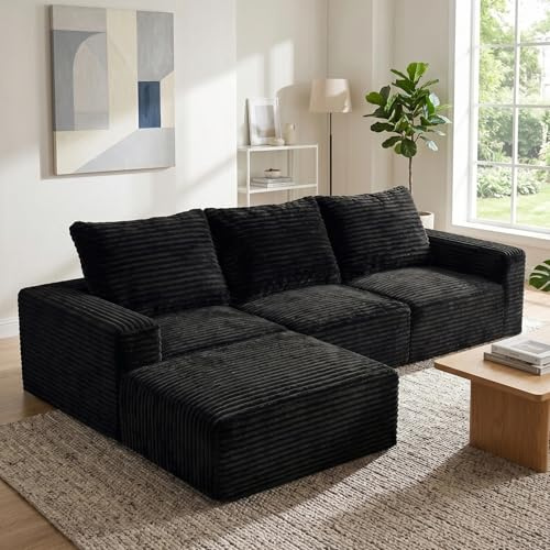 LNRLZYLS Modulares Ecksofa aus Breitcord, 3-Sitzer Couch L-Form mit Hocker, Hochbelastbarer Schaumstoffkern ohne Federn, Montagefrei, Atmungsaktiv & Hautfreundlich, Schwarz