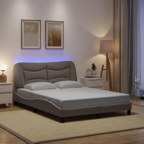 Runheo Hvar Bettgestell 120x200 cm, Taupe Stoff Polsterbett mit LED-Beleuchtung, Wellendesign, Sperrholzlatten, ohne Matratze, für Schlafzimmer Möbel