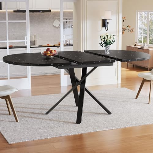 Mesa extensible redonda con aspecto de mármol – 100 cm (extensible hasta 140 cm) x 75,5 cm de altura – Con robusta estructura de metal en X en color negro – Ideal como mesa de cocina o mesa de comedor