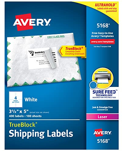Avery Printable Shipping Labels with Sure Feed, 3-1/2 x 5, White, 400 Blank Mailing Labels for Laser Printers (5168)