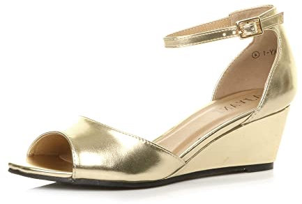 Womens Ladies Low mid Wedge Heel Ankle Strap Casual Evening Sandals, 4 UK, Gold Metallic