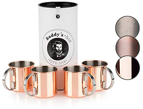 Buddy´s Bar - Moscow Mule Becher, 450 ml, hochwertiger Edelstahl-Becher, lebensmittelecht, Cocktail-Tasse inklusive Geschenkbox, Kupfer Poliert, 4er Set